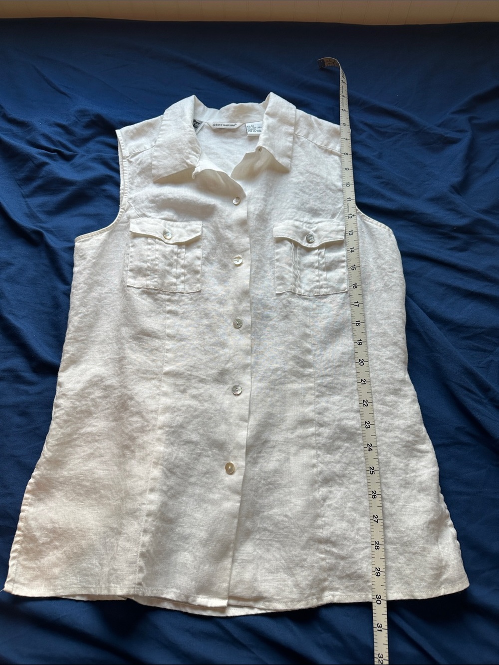 Sleeveless Button-Front White Linen Shirt by Richard Malcolm Irish Linen Medium - Picture 14 of 16